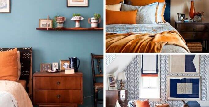 A collage with three bedrooms featuring blue and orange bedding and accessories.