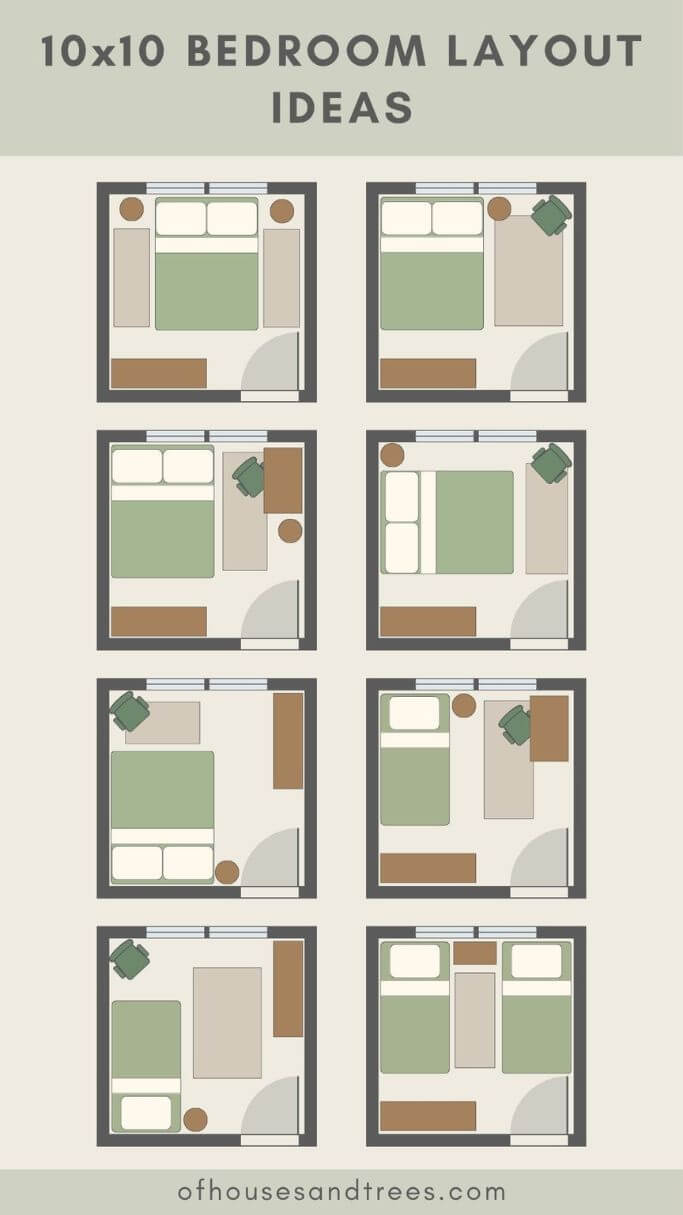 Eight floor plans showing how to arrange furniture in a bedroom with text 10x10 bedroom layout ideas.
