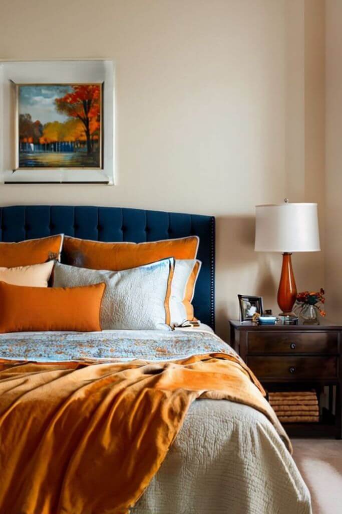 Bedroom with off white walls and blue and orange accents.