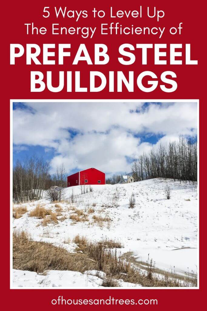 A red steel building on top of a snow covered hill with text 5 ways to level up the energy efficiency of prefab steel buildings.