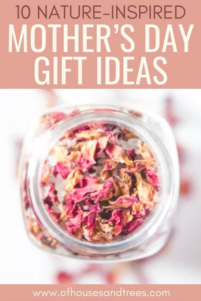 Closeup photo of red and pink dried flower petals in a class jar with text 10 nature-inspired mother's day gift ideas.