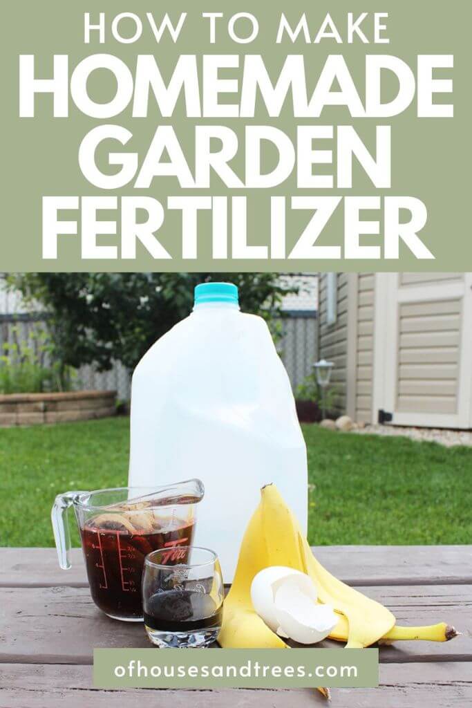 An empty plastic jug, a measuring cup filled with tea bags, a small cup of molasses, a banana peel and an eggshell sitting on a wooden deck in a backyard with text how to make homemade garden fertilizer.