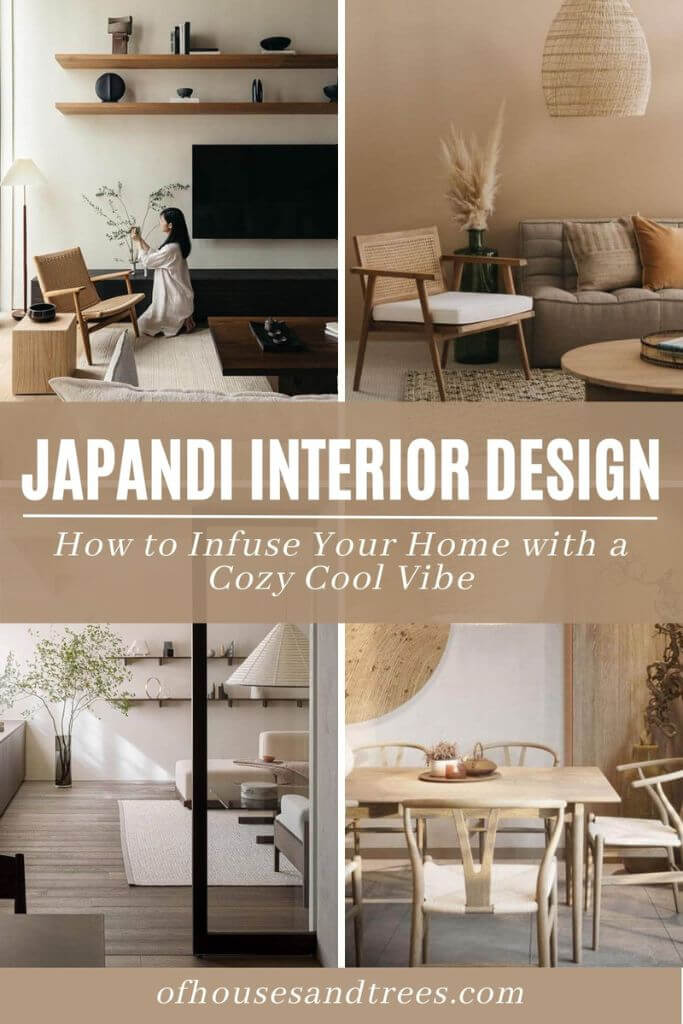 Four different rooms decorated with neutrals with text Japandi interior design.