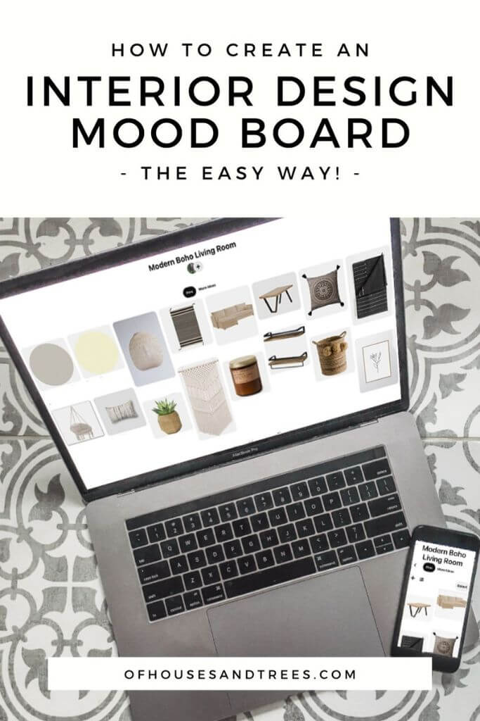 A silver laptop and black mobile phone on a grey and white patterned background with text how to create an interior design mood board.
