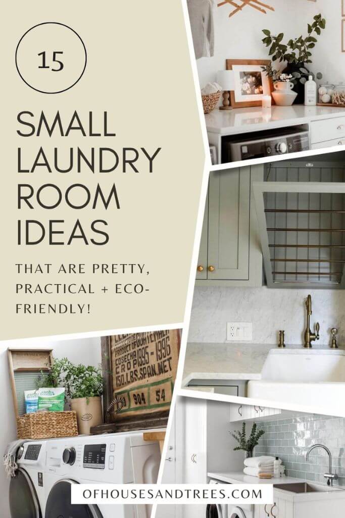 Four laundry room images on a big background with text 15 small laundry room ideas.