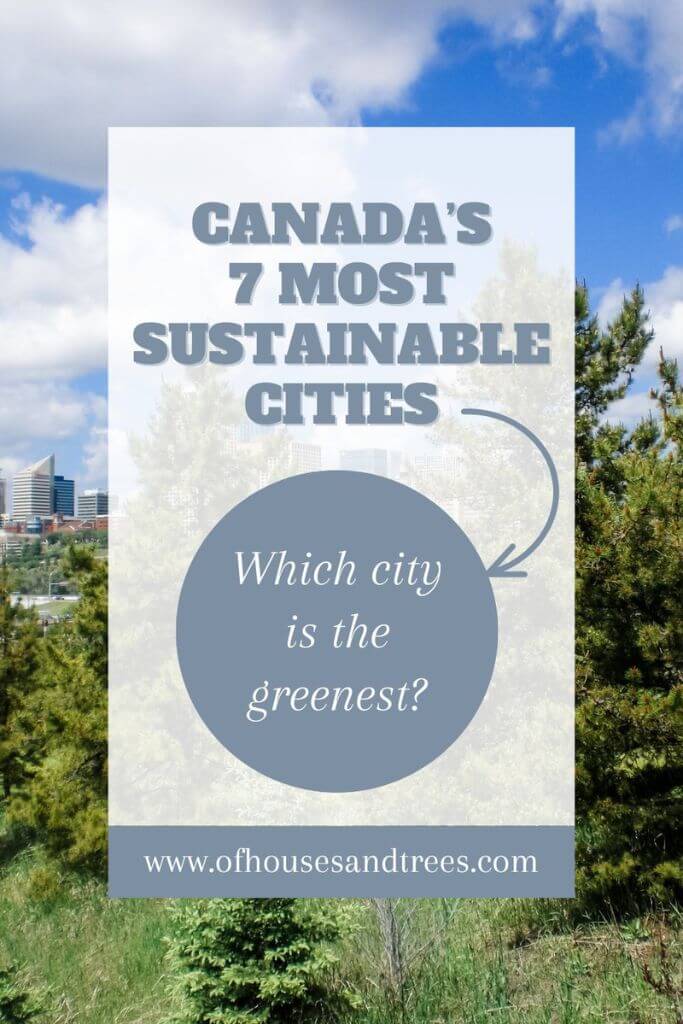 Skyline of a city behind a row of trees with text Canada's 7 most sustainable cities.