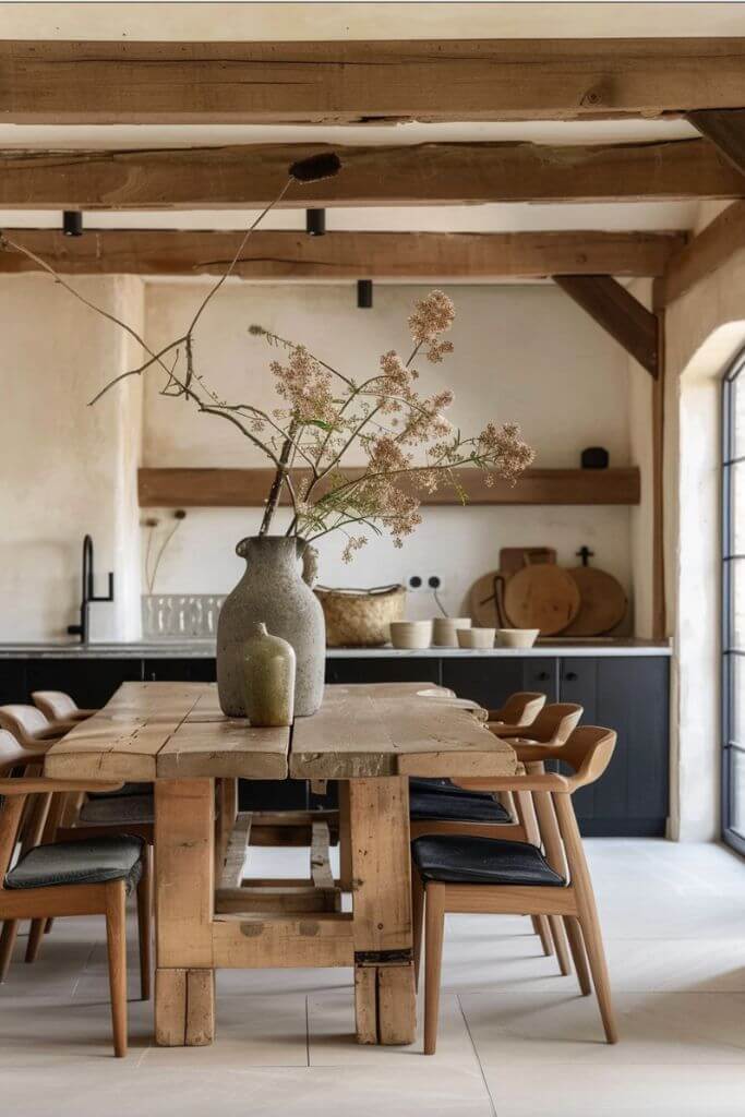 A wooden dining table in a rustic room decorated with two large pieces of pottery.