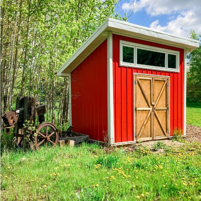 A red shed with wooden doors surrounded by trees and sitting in a field of grass and dandelions.