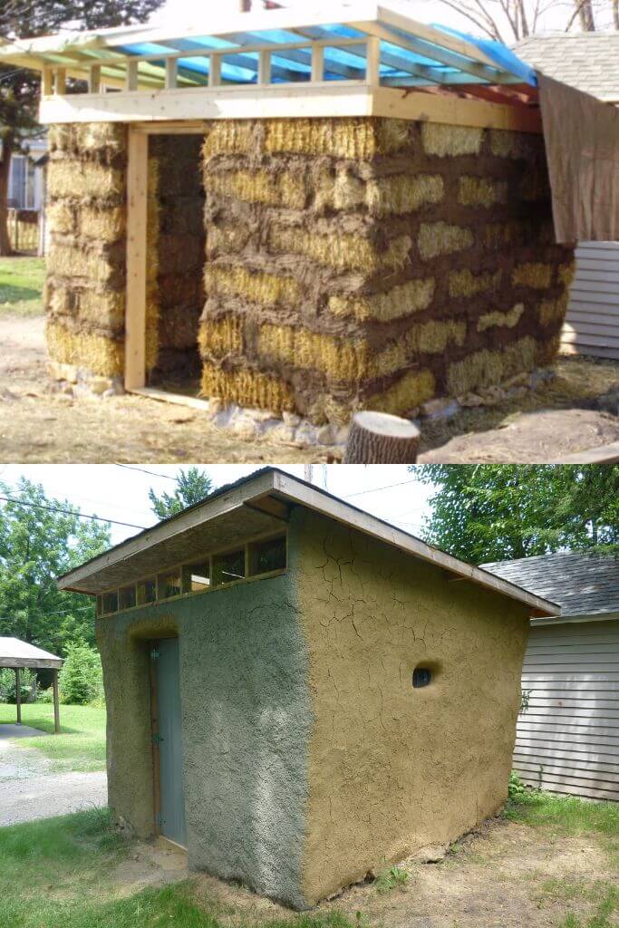 Two photos - one of a straw bale shed in construction and the other of it finished.