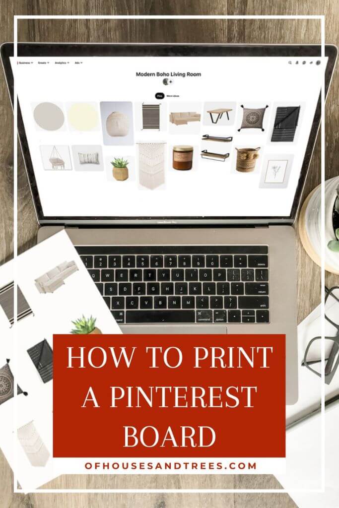 A laptop with a Pinterest board on the screen and a piece of paper with the same images from the board printed on it with text how to print a Pinterest board.