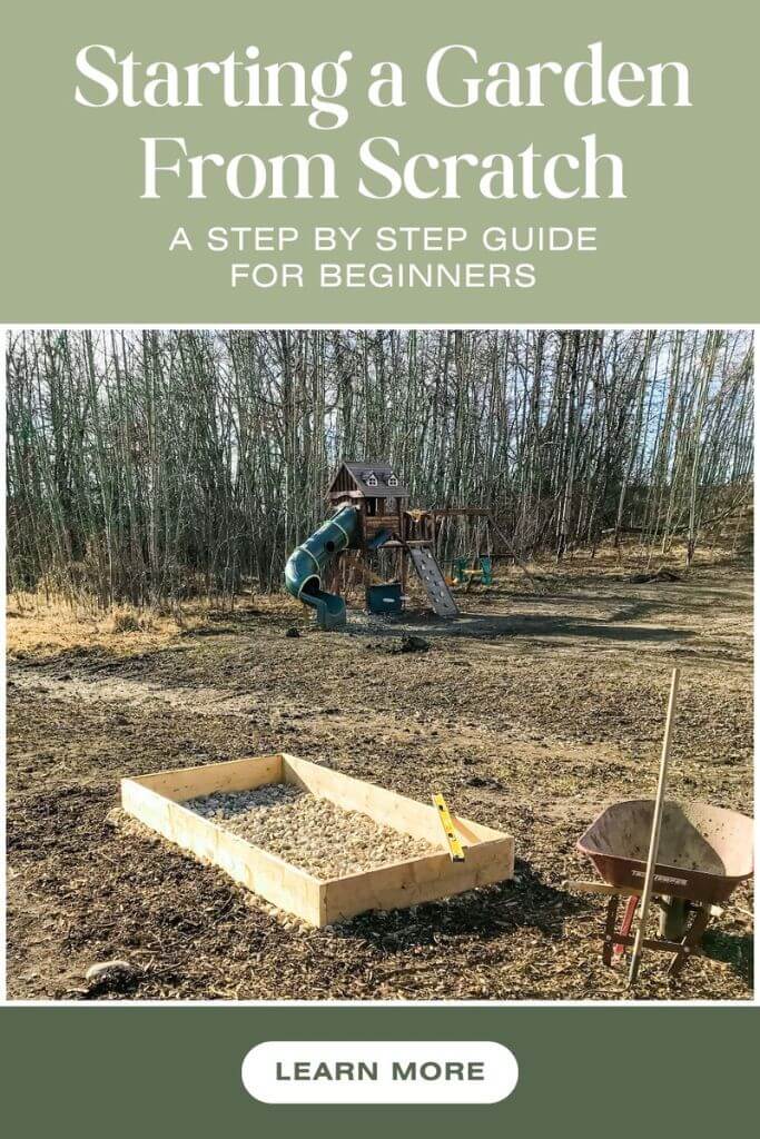An empty wooden raised garden bed next to a wheelbarrow with a kids play set in the background and text starting a garden from scratch.