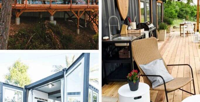 Three images of different container homes - one in a forest, one with the doors wide open and the front porch of one with black siding.