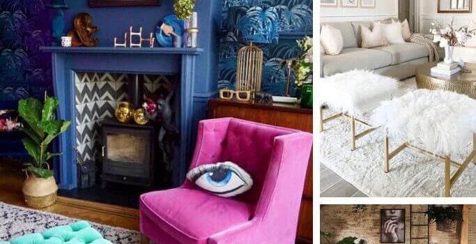 A collage featuring three different living rooms decorated in different interior styles - maximalism, glam and industrial.