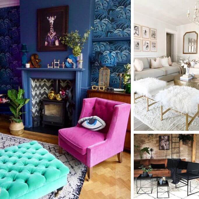 A collage featuring three different living rooms decorated in different interior styles - maximalism, glam and industrial.