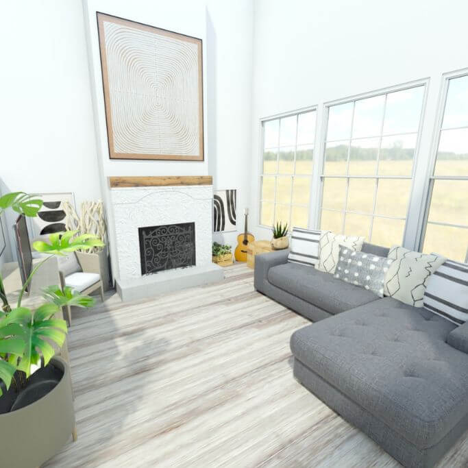 A 3D rendering of a living room with a grey sofa and white fireplace.