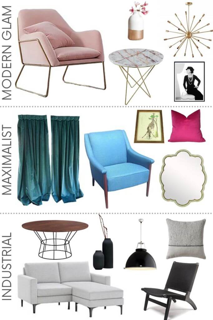 Various furniture and decor on a white background in the interior styles of modern glam, maximalist and industrial.