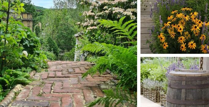 Three images of landscaped yards, one with a brick path, one with a wooden path and wildflowers and one with a wooden rain barrel.