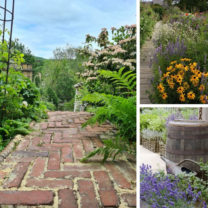 Three images of landscaped yards, one with a brick path, one with a wooden path and wildflowers and one with a wooden rain barrel.