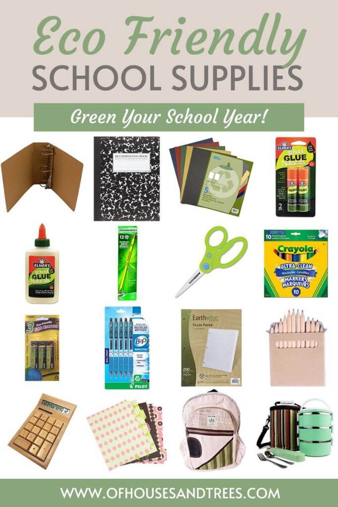 Various school supplies - including a brown binder, green scissors and a hemp backpack with text eco friendly school supplies.