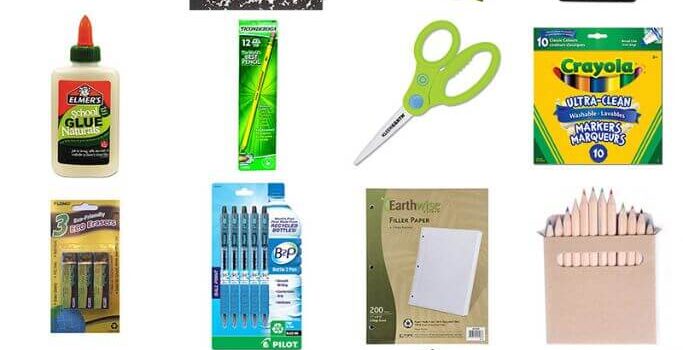 Various school supplies - including a brown binder, green scissors and a hemp backpack on a white backgrround.