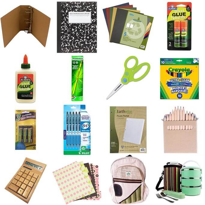 Various school supplies - including a brown binder, green scissors and a hemp backpack on a white backgrround.