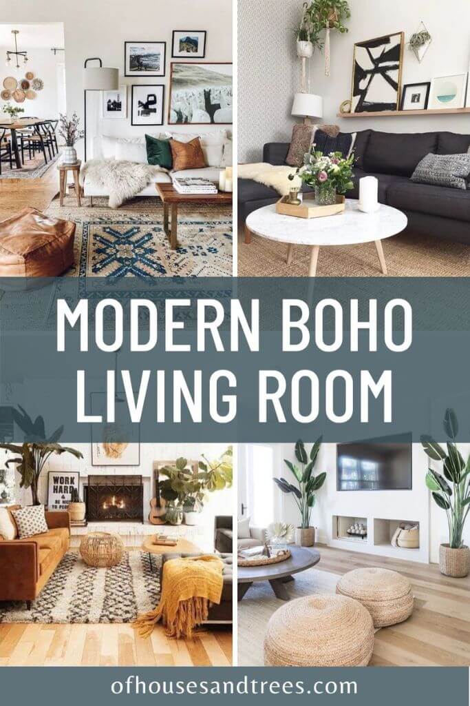 Collage of four different living rooms with modern boho style decor and text modern boho living room.