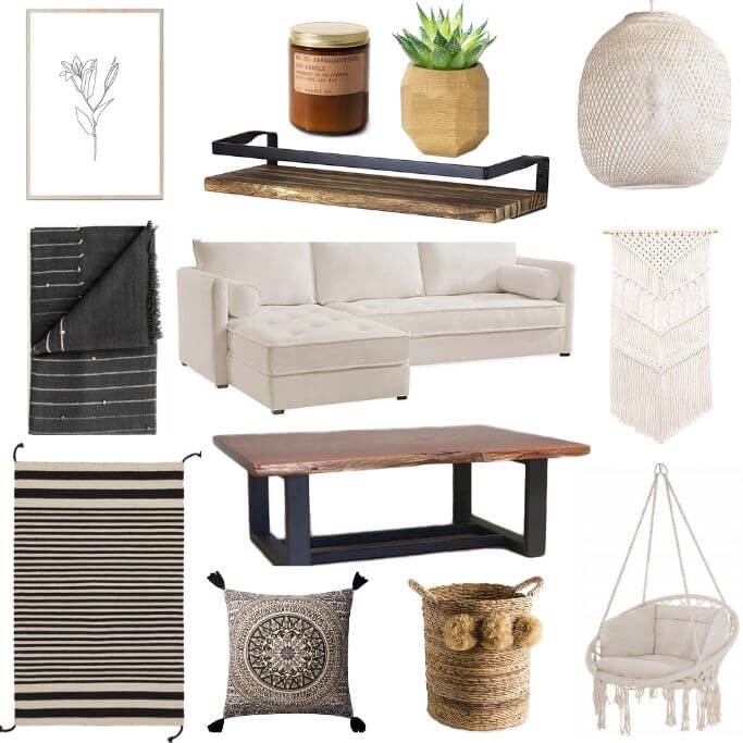 Various modern boho living room products on a white background.