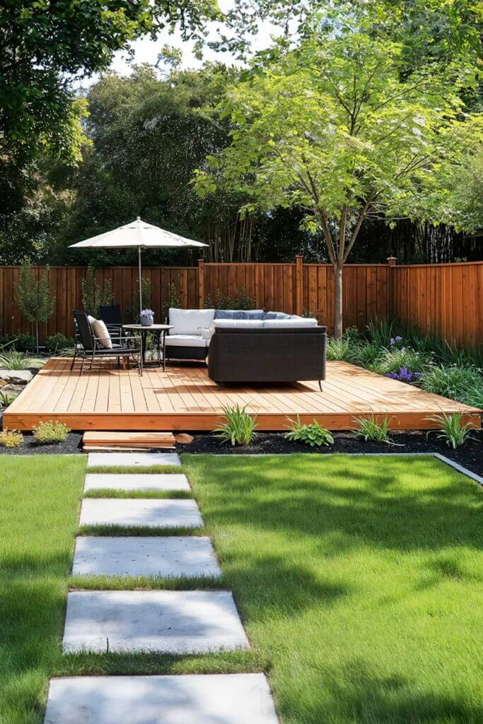 A floating wood deck in the middle of a backyard, surrounded by green grass and a fence.