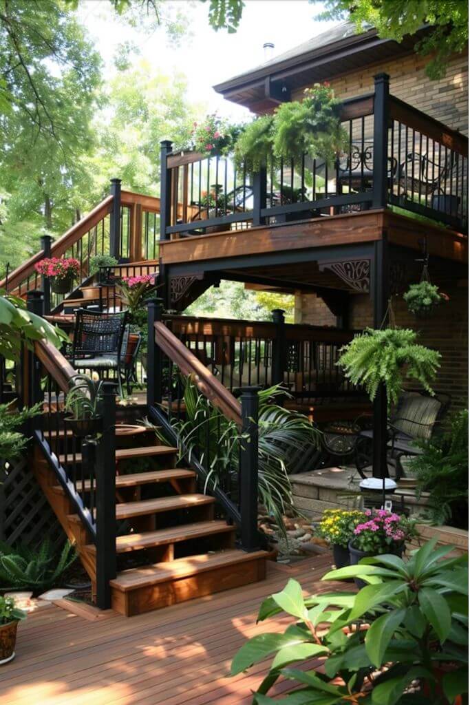 A wooden deck with multiple levels connected by stairs and surrounded by trees.