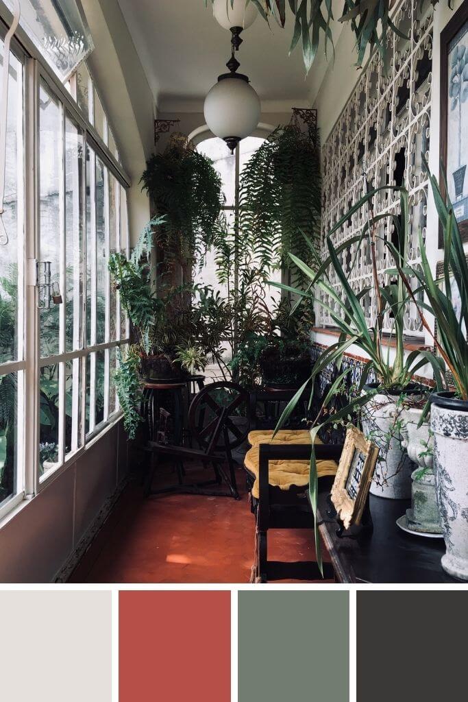 A moody sunroom with a corresponding paint colour palette underneath.