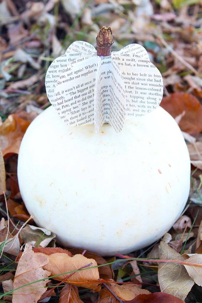 A paper pumpkin sitting on top of a small white pumpkin on a bed of leaves.