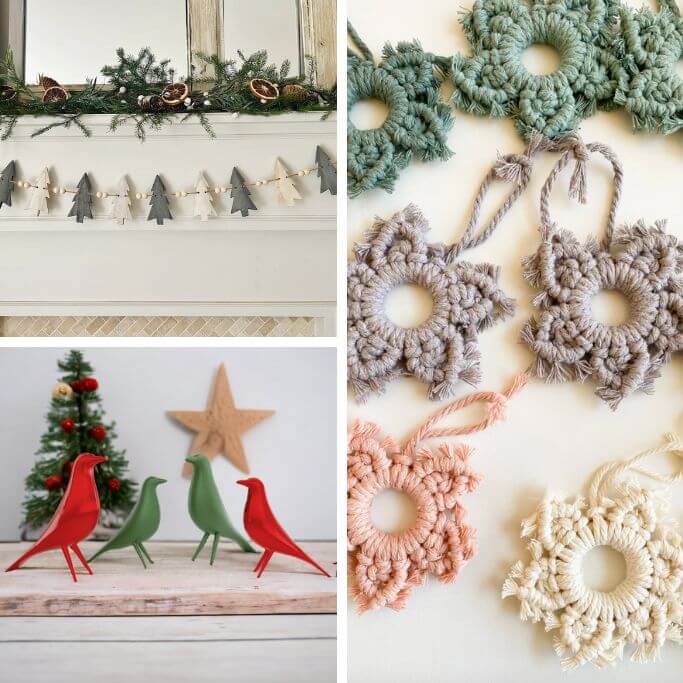 Three different images featuring Christas decor items - a tree garland, macrame ornaments and red and green bird figurines.