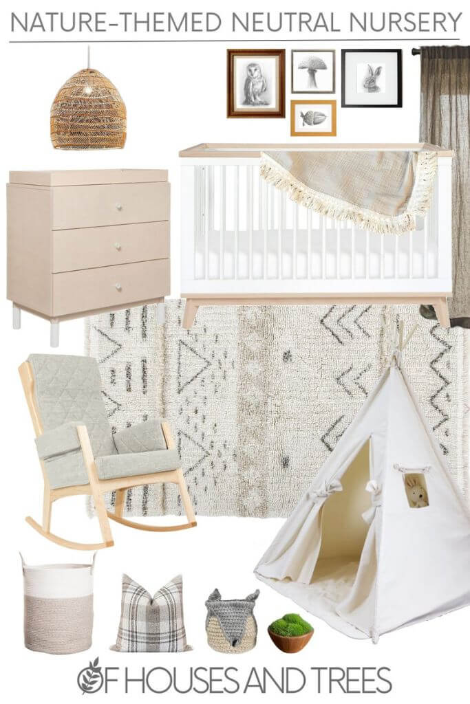 Various neutral coloured furniture and accessories for a nursery interior space on a white background with text nature-themed neutral nursery.