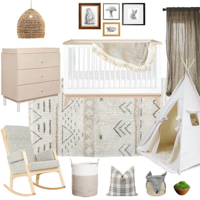 Various neutral coloured furniture and accessories for a nursery interior space on a white background.