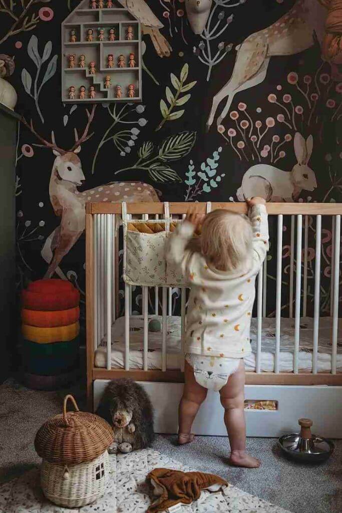 A toddler trying to climb into a wooden rib in a nursery with dark nature-inpsired wallpaper.