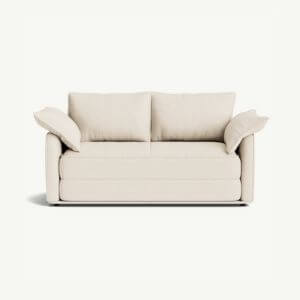 An off-white loveseat sofa bed on a white background.