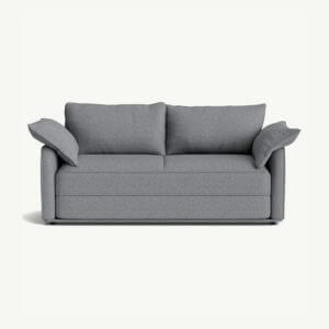 A grey loveseat sofa bed on a white background.