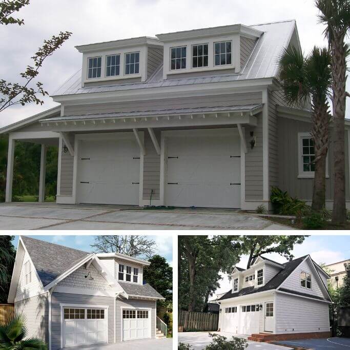 Three light-coloured garage apartment exteriors in a collage.