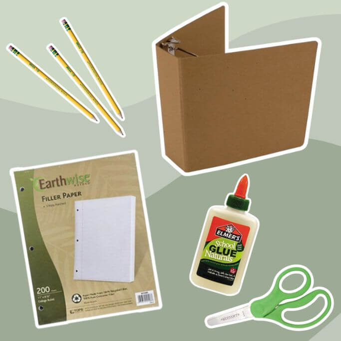 Various school supplies on a green background, including a brown binder, yellow pencils and scissors with a green handle.