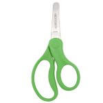 A pair of kids' scissors with a green handle on a white background.