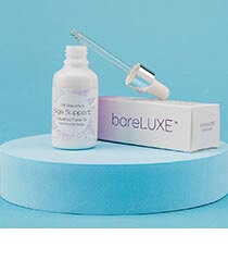 A white container labelled "bareLUXE" on a blue background. Click to visit the bareLUXE website.