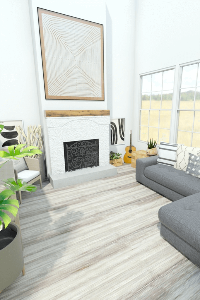 3D model of a living room with a grey couch, a white brick fireplace and nature-inspired decor.