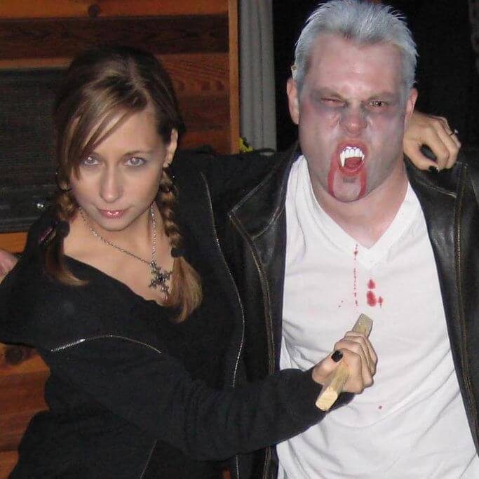 A young man and woman dressed up as Buffy and Spike for Halloween.
